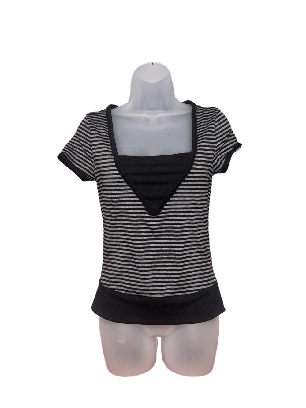 Black and White Striped Layered V-Neck Short Sleeve Top